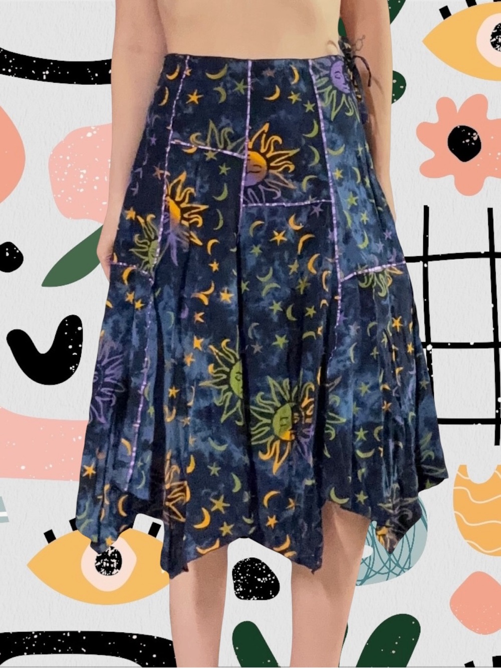 Eagle Ray Traders | Celestial Sun Moon Print Handkerchief Hem Boho Skirt
